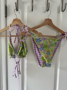 Floral & Gingham Purple Green Reversible Bikini Set